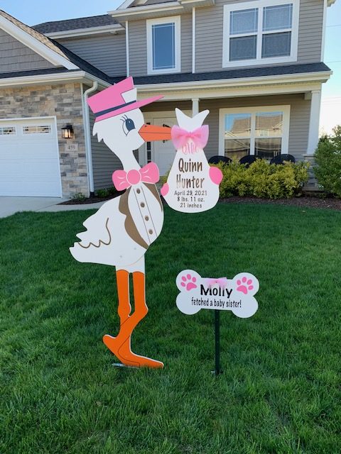 New Baby Girl Stork Yard Sign + Dog Bone – Morton, IL